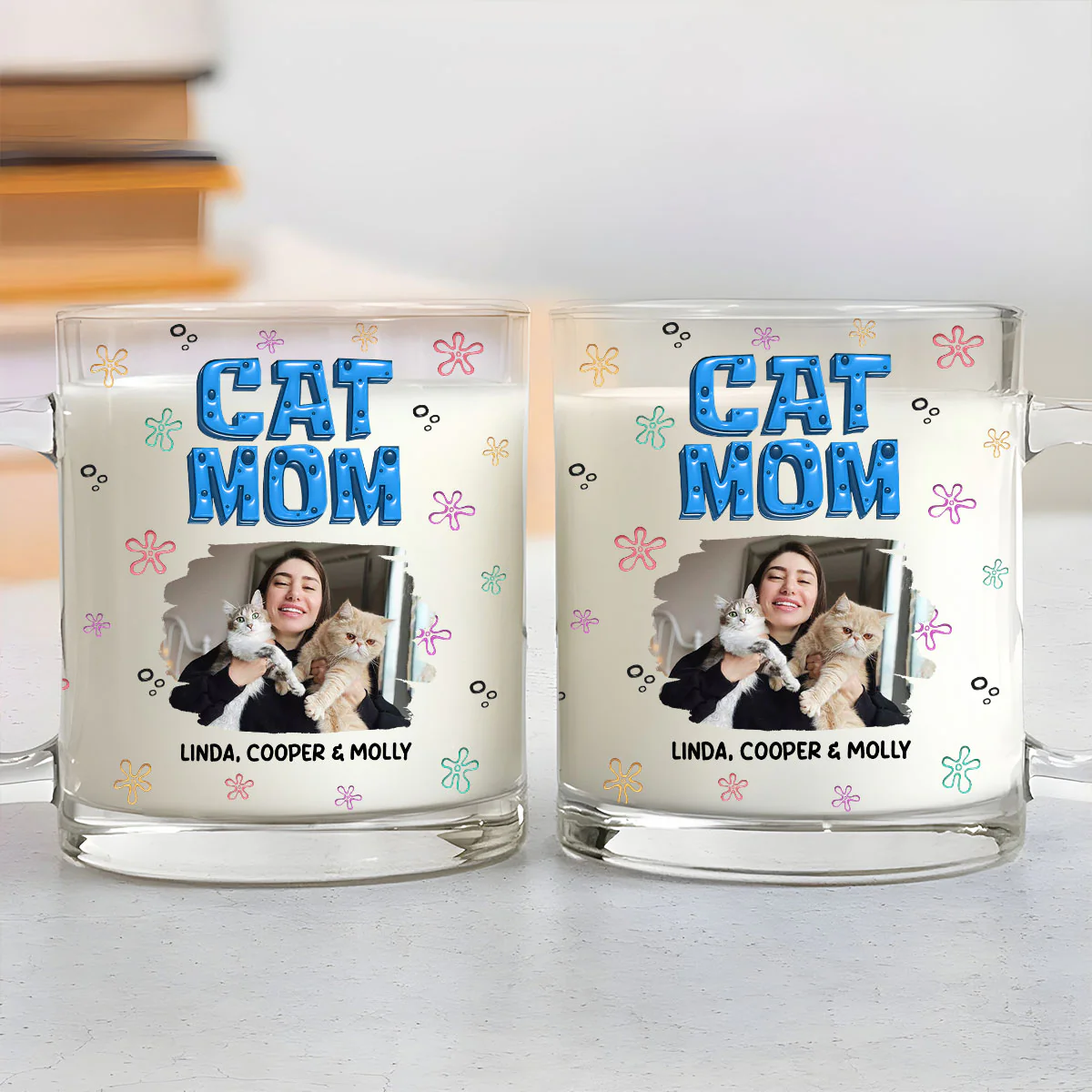 Sponge Cat Mom Photo - Personalized Custom 3D Inflated Effect Glass Mug - Image 3