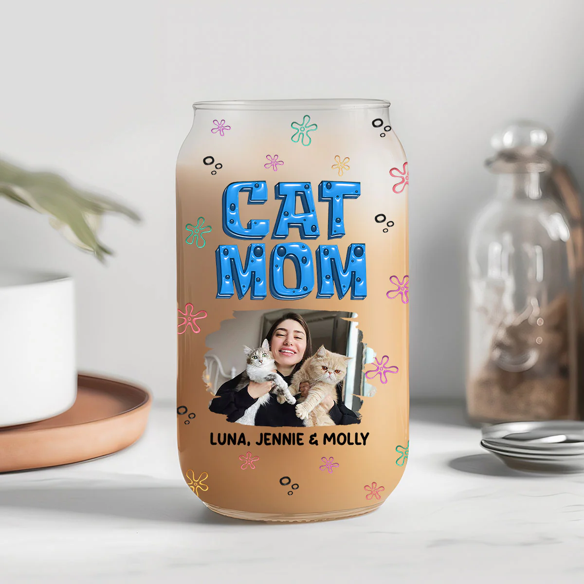 Sponge Cat Mom Photo - Personalized Custom Glass Can - Image 2