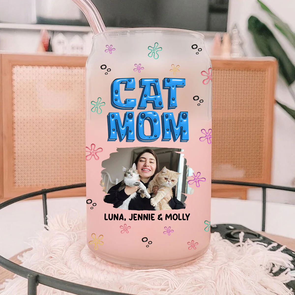 Sponge Cat Mom Photo - Personalized Custom Glass Can - Image 3