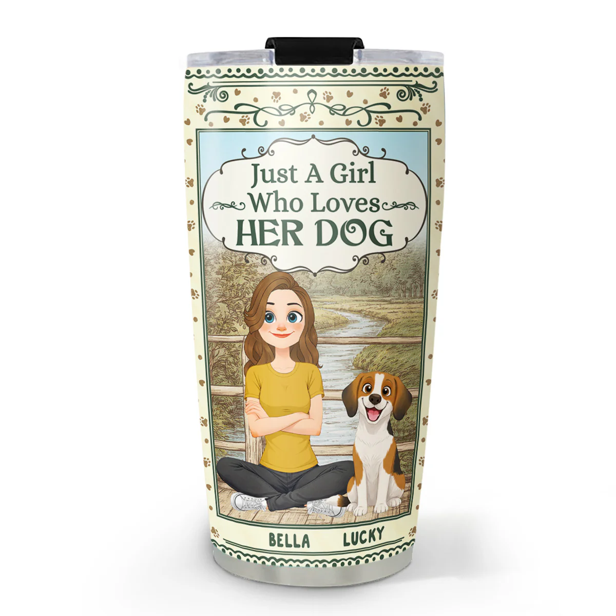 Storybook Cartoon Girl And Dog - Personalized Custom Tumbler