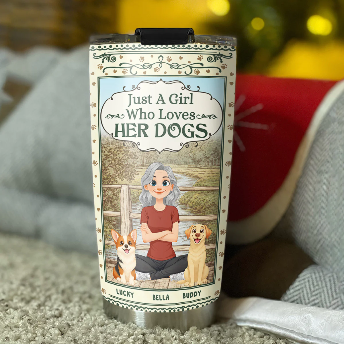 Storybook Cartoon Girl And Dog - Personalized Custom Tumbler - Image 2