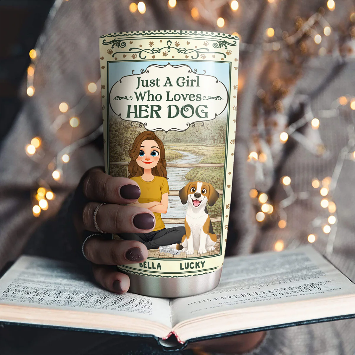 Storybook Cartoon Girl And Dog - Personalized Custom Tumbler - Image 3