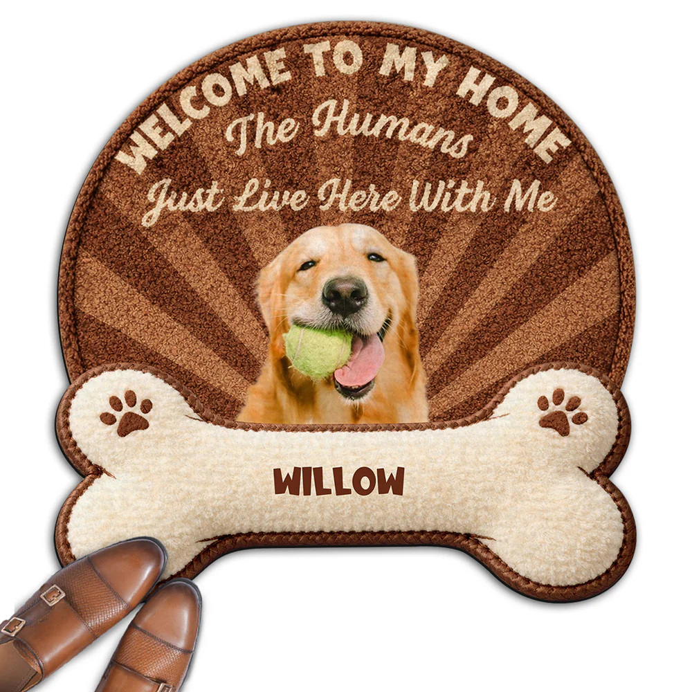 Stuffy Cartoon Dog Live Here With Us Photo - Personalized Custom Doormat