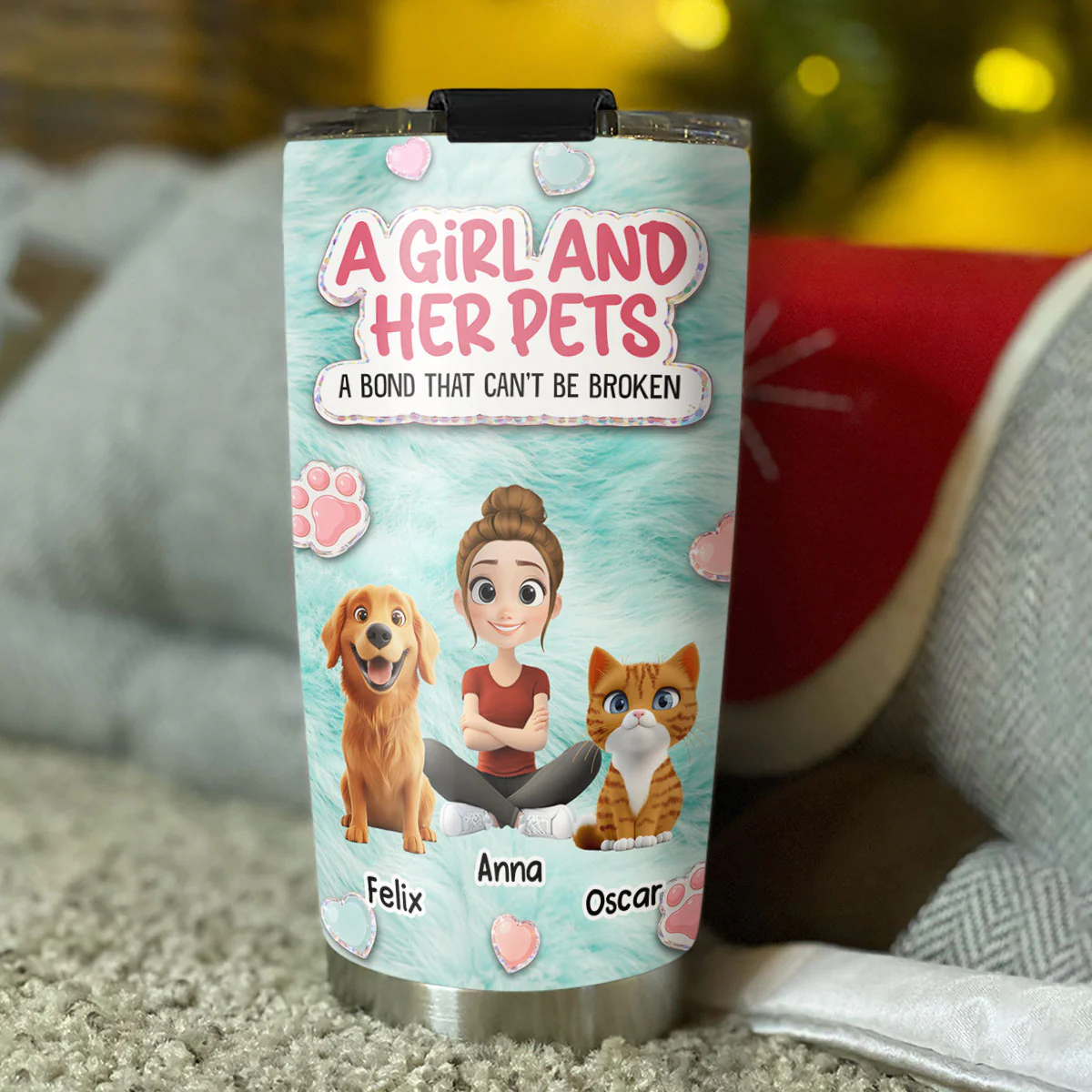 Stuffy Cute Girl And Her Pets - Personalized Custom 3D Effect Tumbler - Image 3