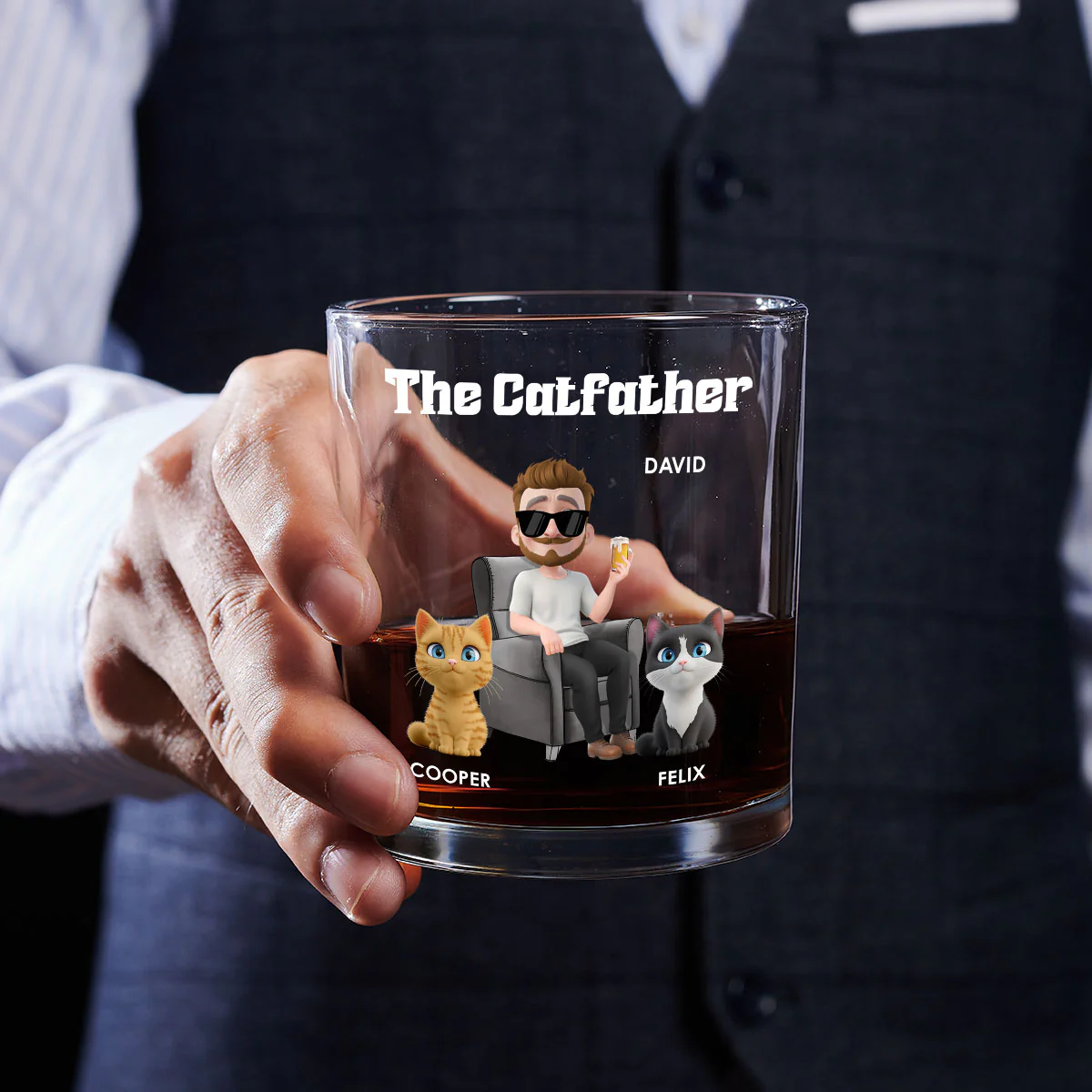 The Catfather Cartoon Version 2 - Personalized Custom Whiskey Glass - Image 4