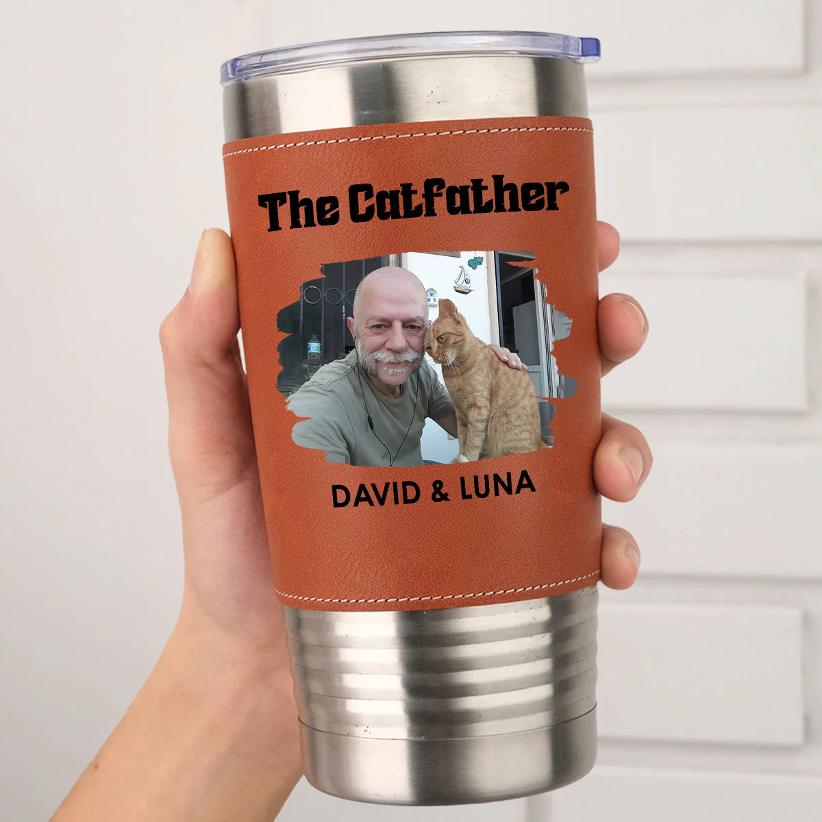 The Catfather Photo - Personalized Custom Leather Tumbler - Image 2