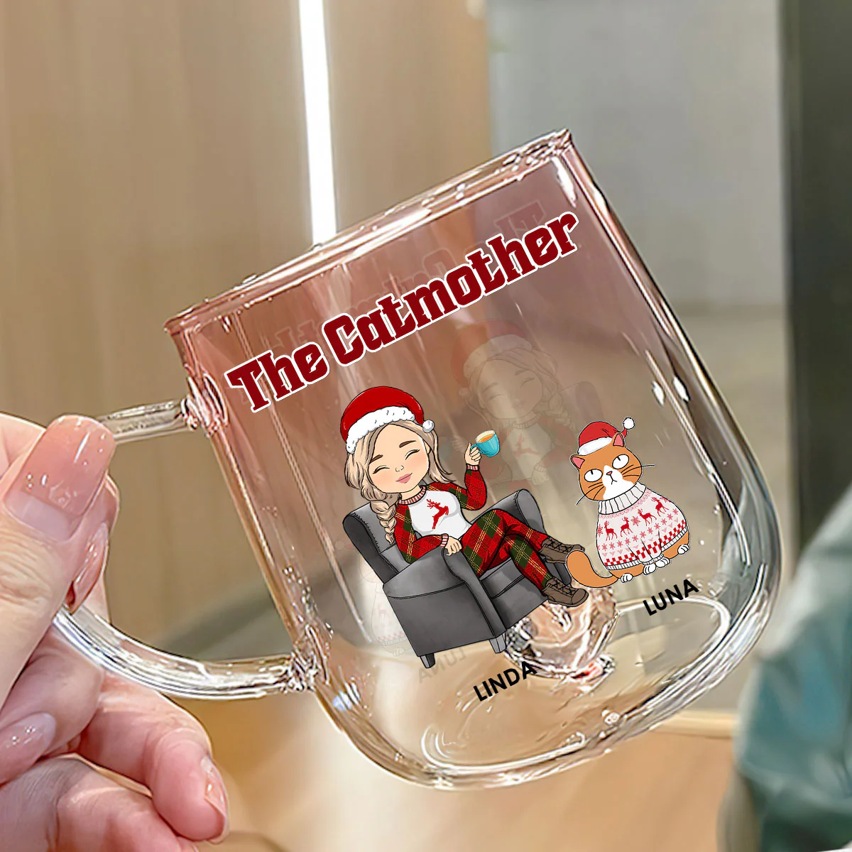 The Catmother Christmas - Personalized Custom Pink Gradient Glass Mug - Image 4