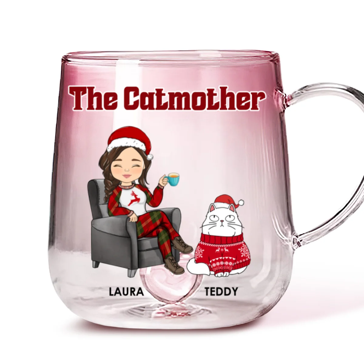 The Catmother Christmas - Personalized Custom Pink Gradient Glass Mug - Image 6