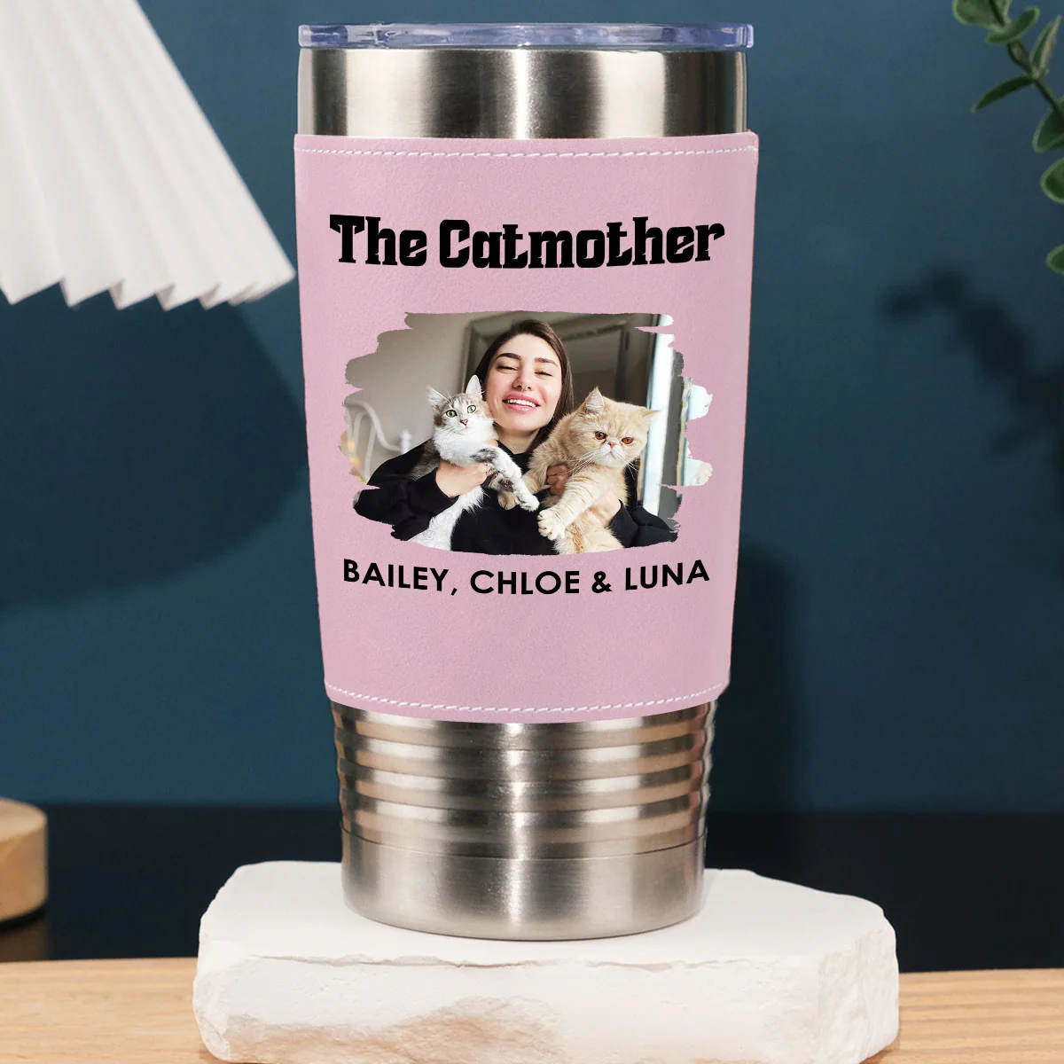 The Catmother Photo - Personalized Custom Pink Leather Tumbler
