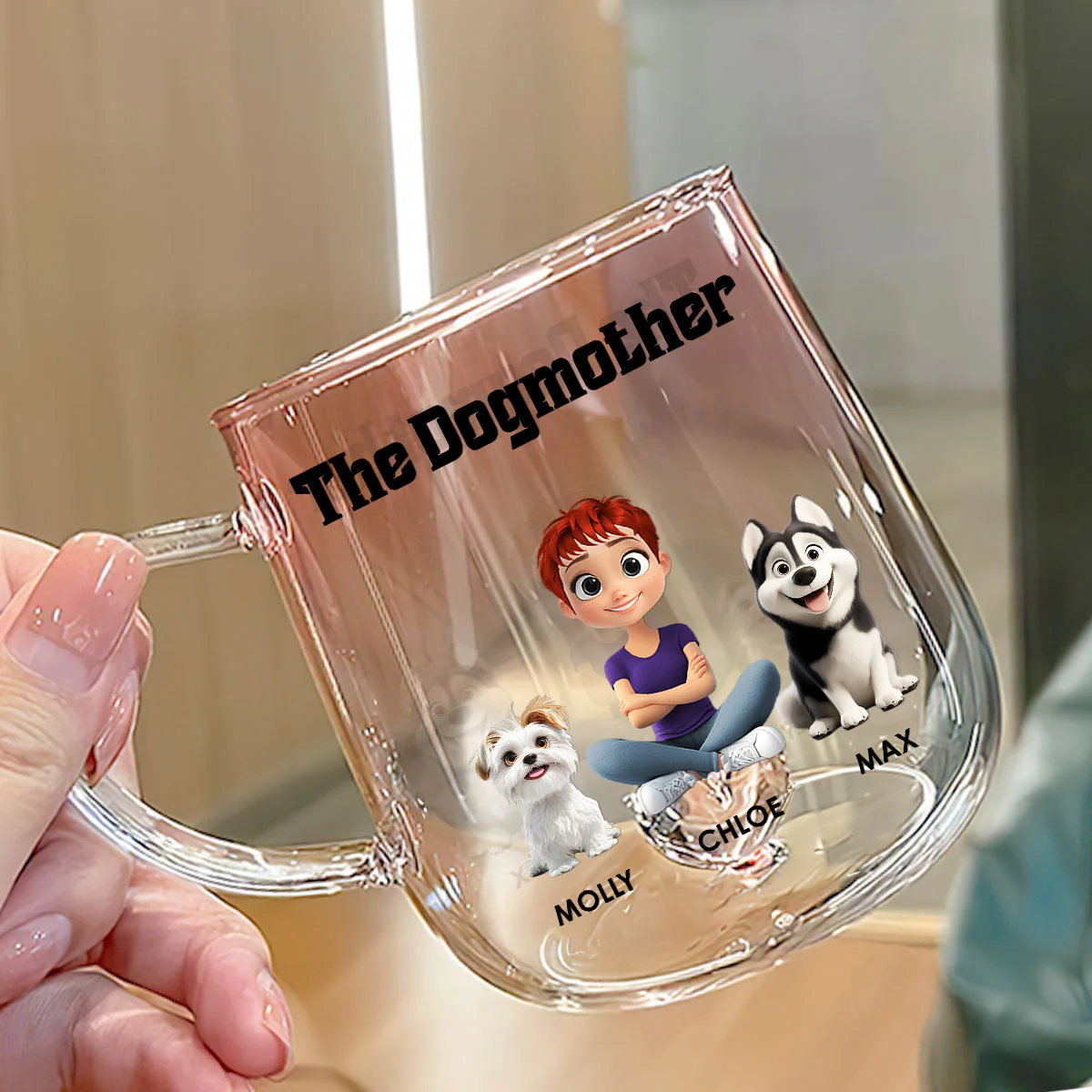 The Dogmother Cartoon - Personalized Custom Pink Gradient Glass Mug - Image 3