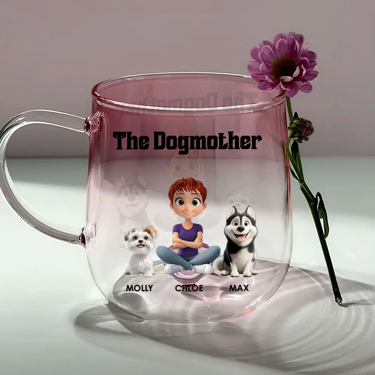 The Dogmother Cartoon - Personalized Custom Pink Gradient Glass Mug - Image 4