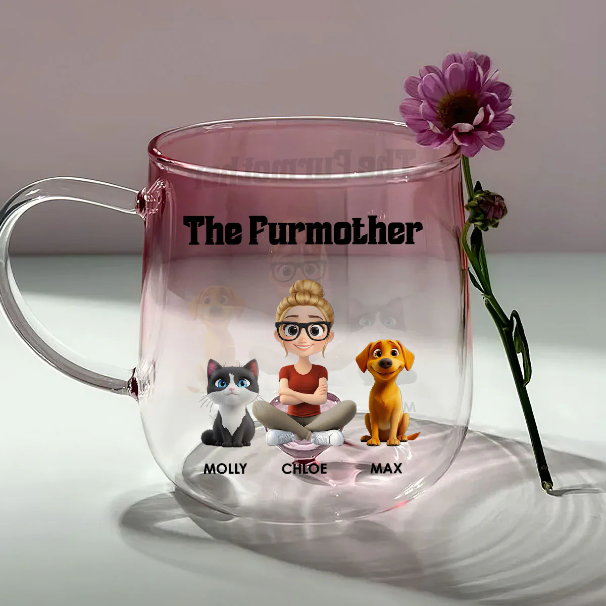 The Furmother Cartoon - Personalized Custom Pink Gradient Glass Mug - Image 2