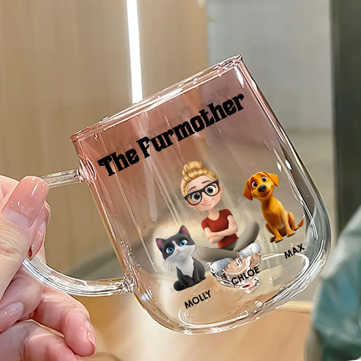 The Furmother Cartoon - Personalized Custom Pink Gradient Glass Mug - Image 3