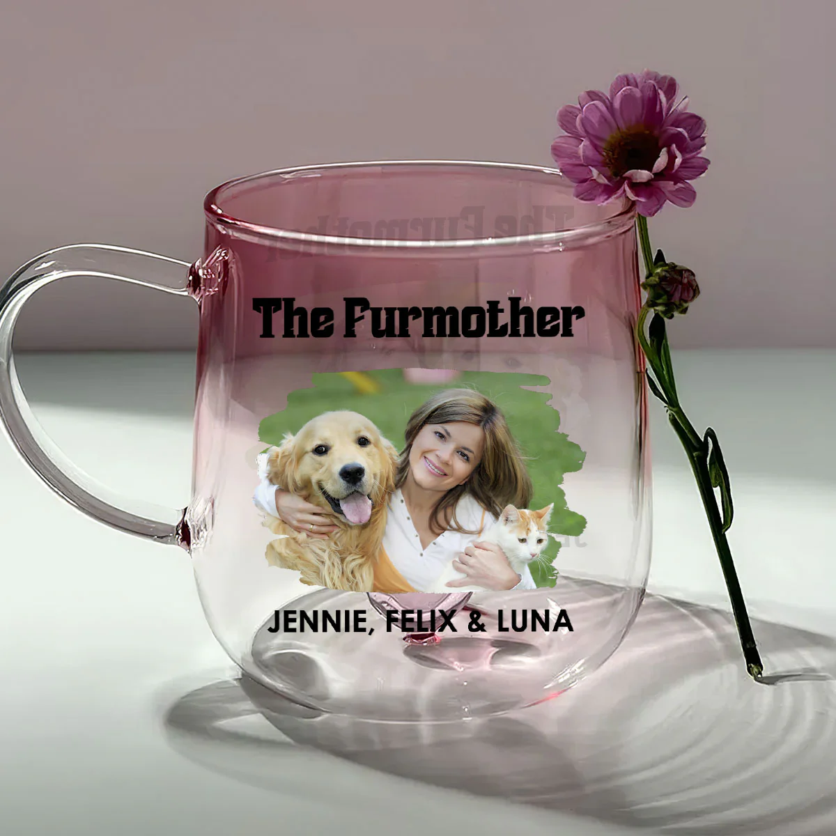 The Furmother Cartoon Photo - Personalized Custom Pink Gradient Glass Mug - Image 2
