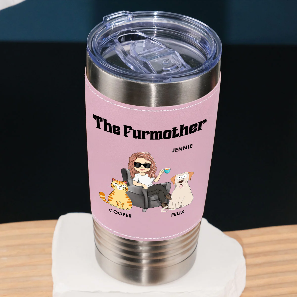 The Furmother - Personalized Custom Pink Leather Tumbler - Image 2