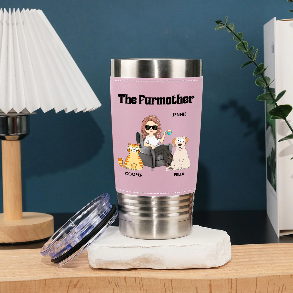 The Furmother - Personalized Custom Pink Leather Tumbler - Image 3