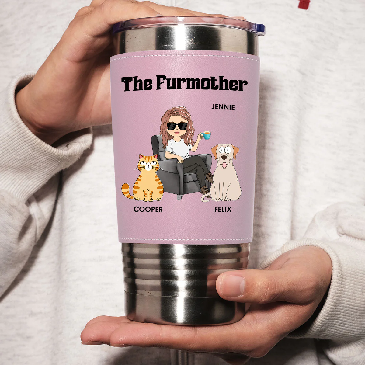 The Furmother - Personalized Custom Pink Leather Tumbler - Image 4