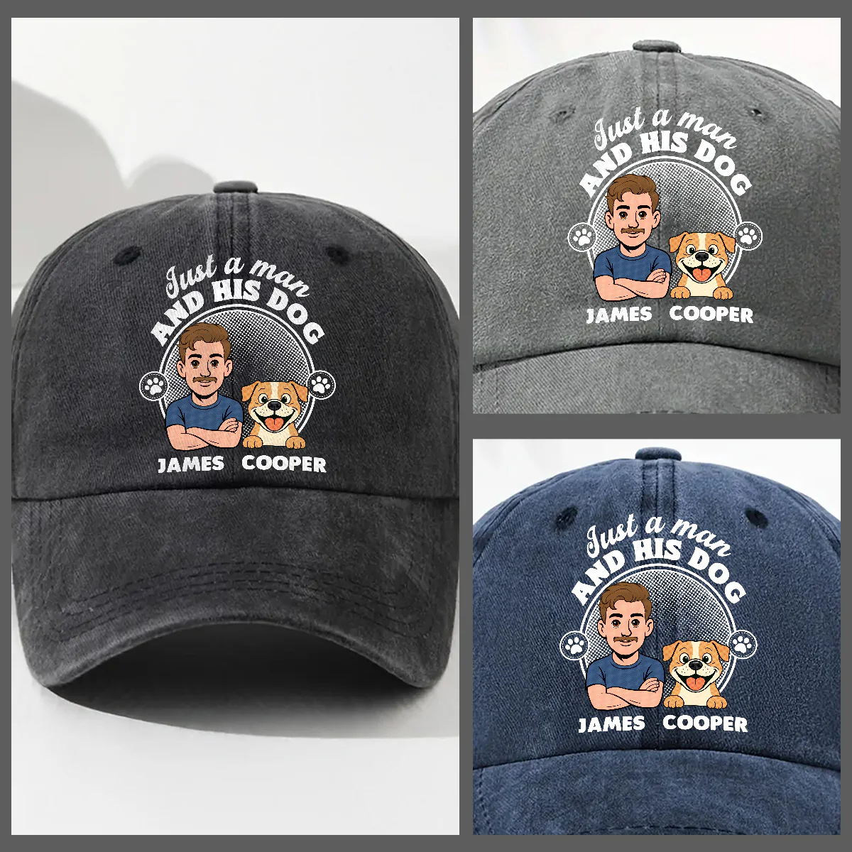 The Man And The Dog - Personalized Custom Vintage Washed Denim Cap - Image 3