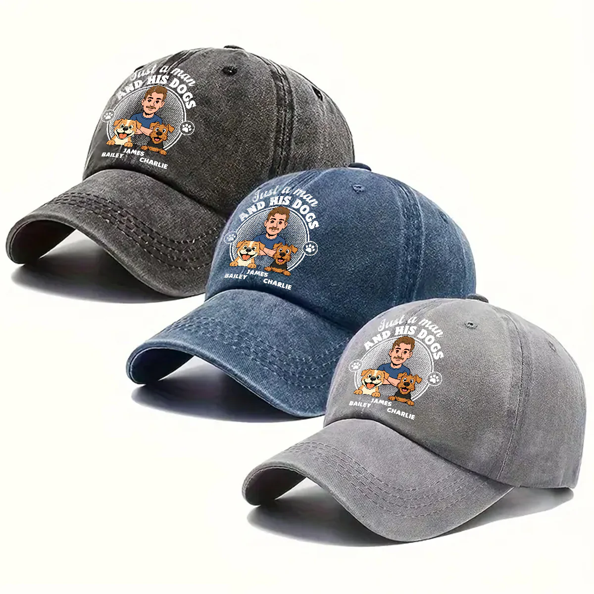The Man And The Dog - Personalized Custom Vintage Washed Denim Cap - Image 5