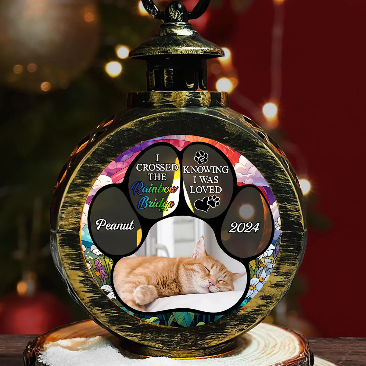 The Rainbow Bridge Cat Photo - Personalized Custom Christmas Lantern