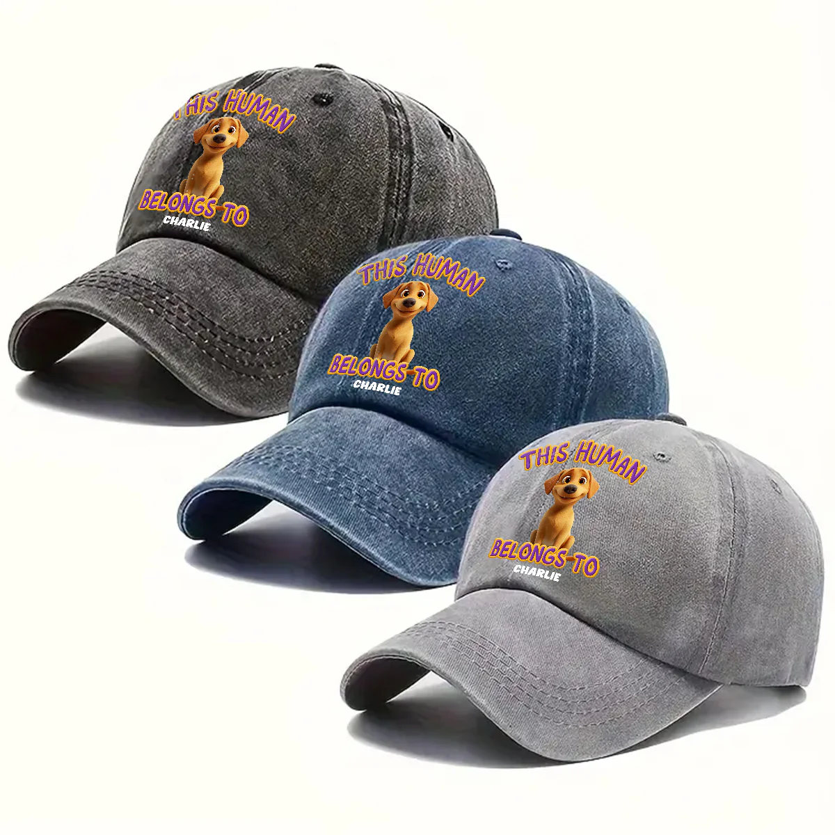 This Human Belongs To Lovely Dog - Personalized Custom Vintage Washed Denim Cap - Image 3