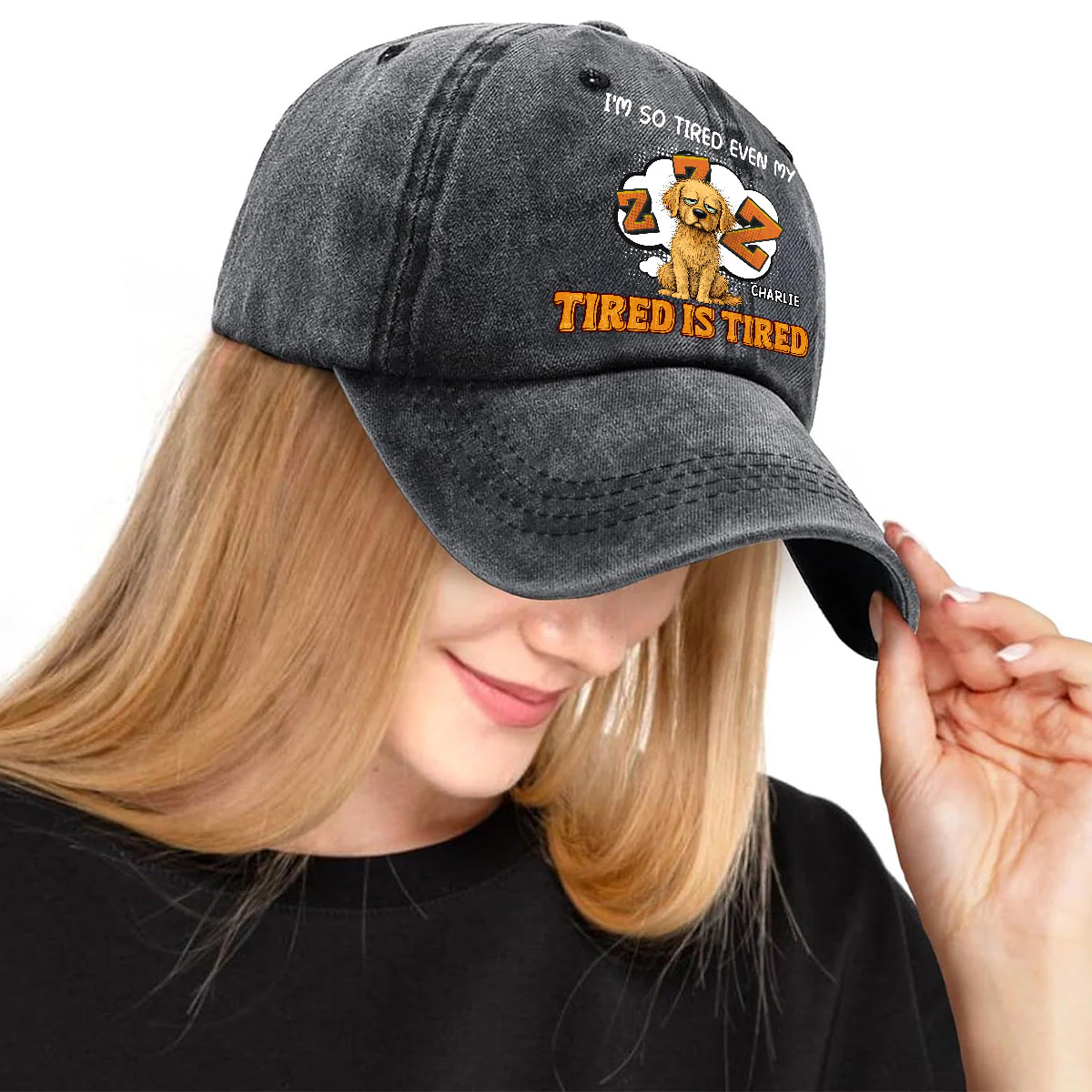 Tired Is Tired - Personalized Custom Vintage Washed Denim Cap - Image 6