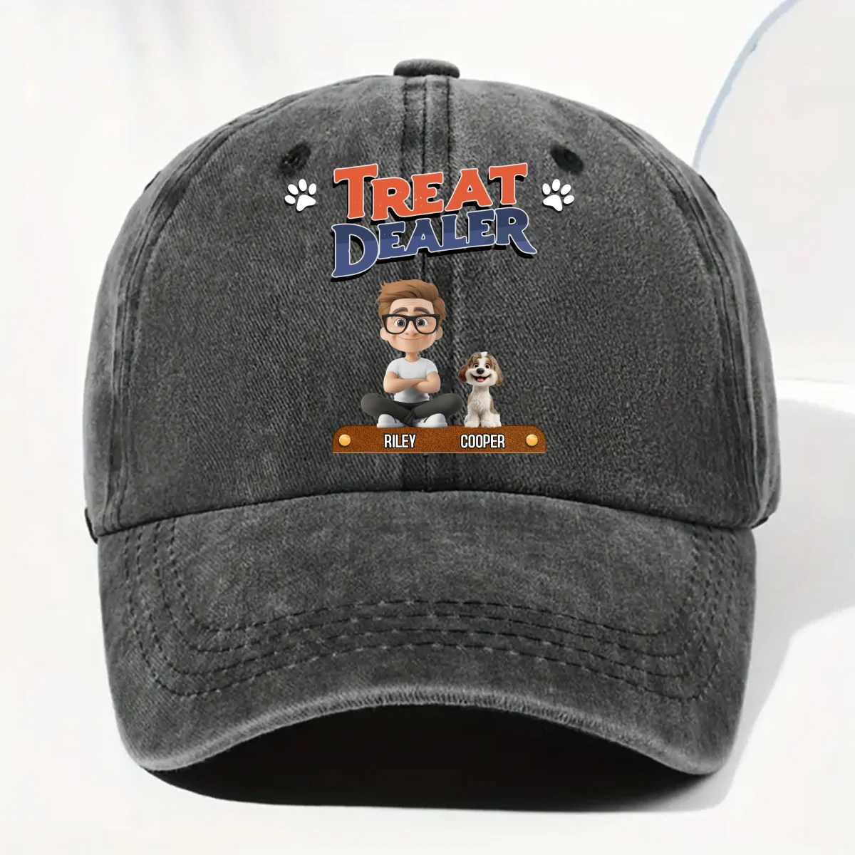 Treat Dealer And Lovely Dog - Personalized Custom Vintage Washed Denim Cap - Image 6