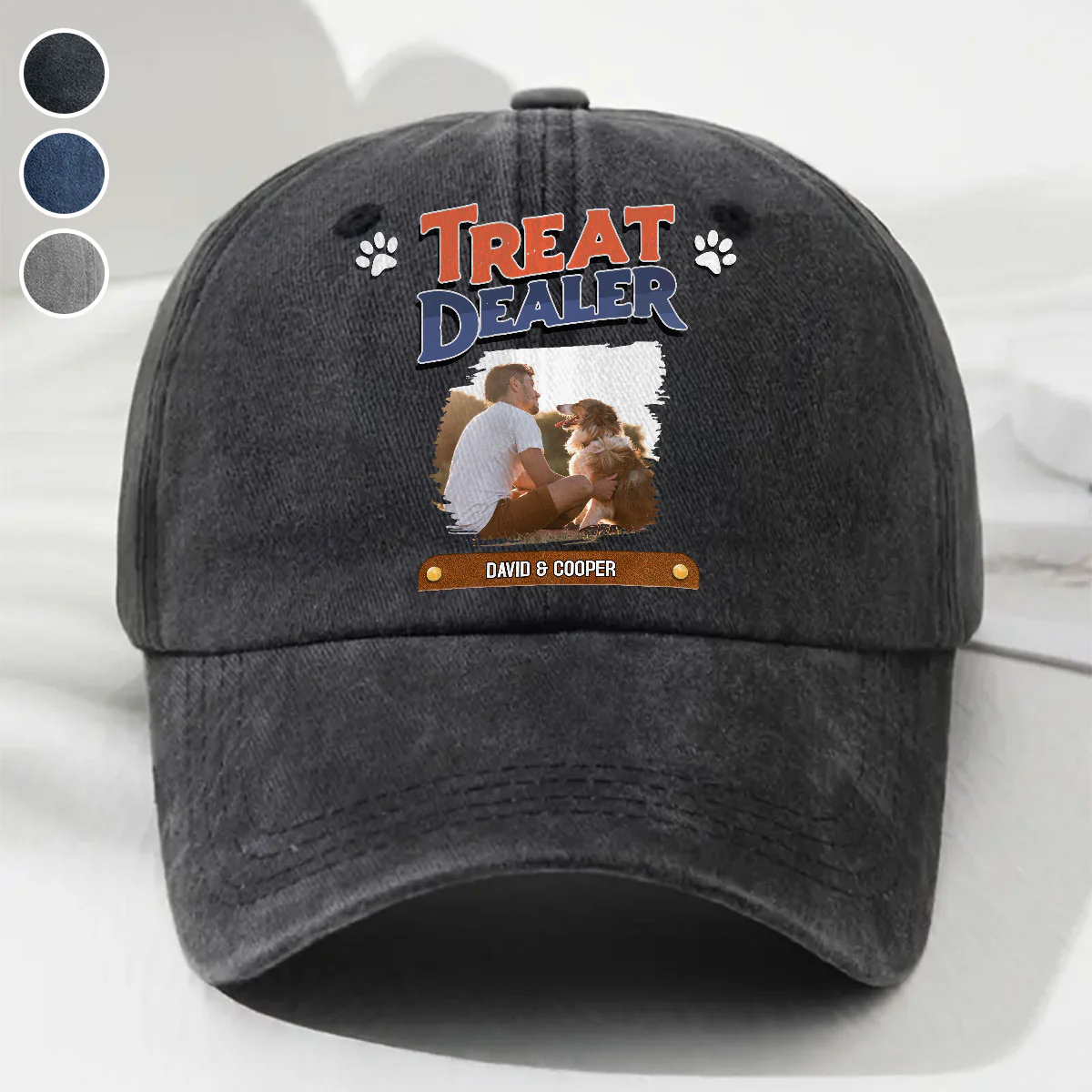Treat Dealer And Lovely Dog Photo - Personalized Custom Vintage Washed Denim Cap