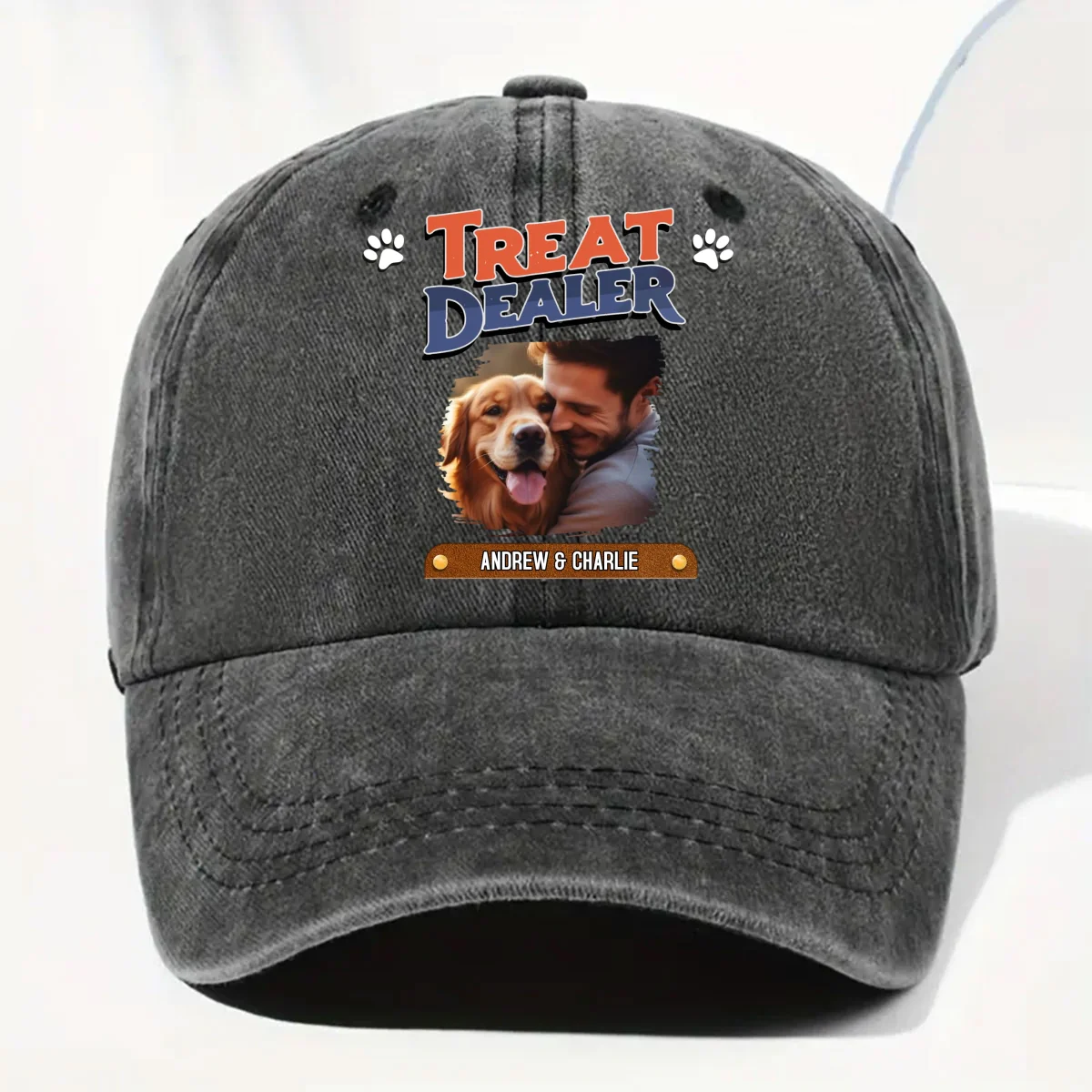 Treat Dealer And Lovely Dog Photo - Personalized Custom Vintage Washed Denim Cap - Image 3