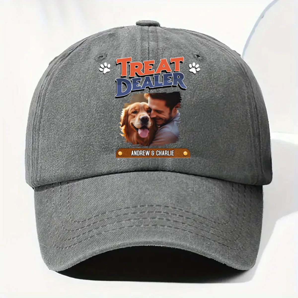 Treat Dealer And Lovely Dog Photo - Personalized Custom Vintage Washed Denim Cap - Image 4