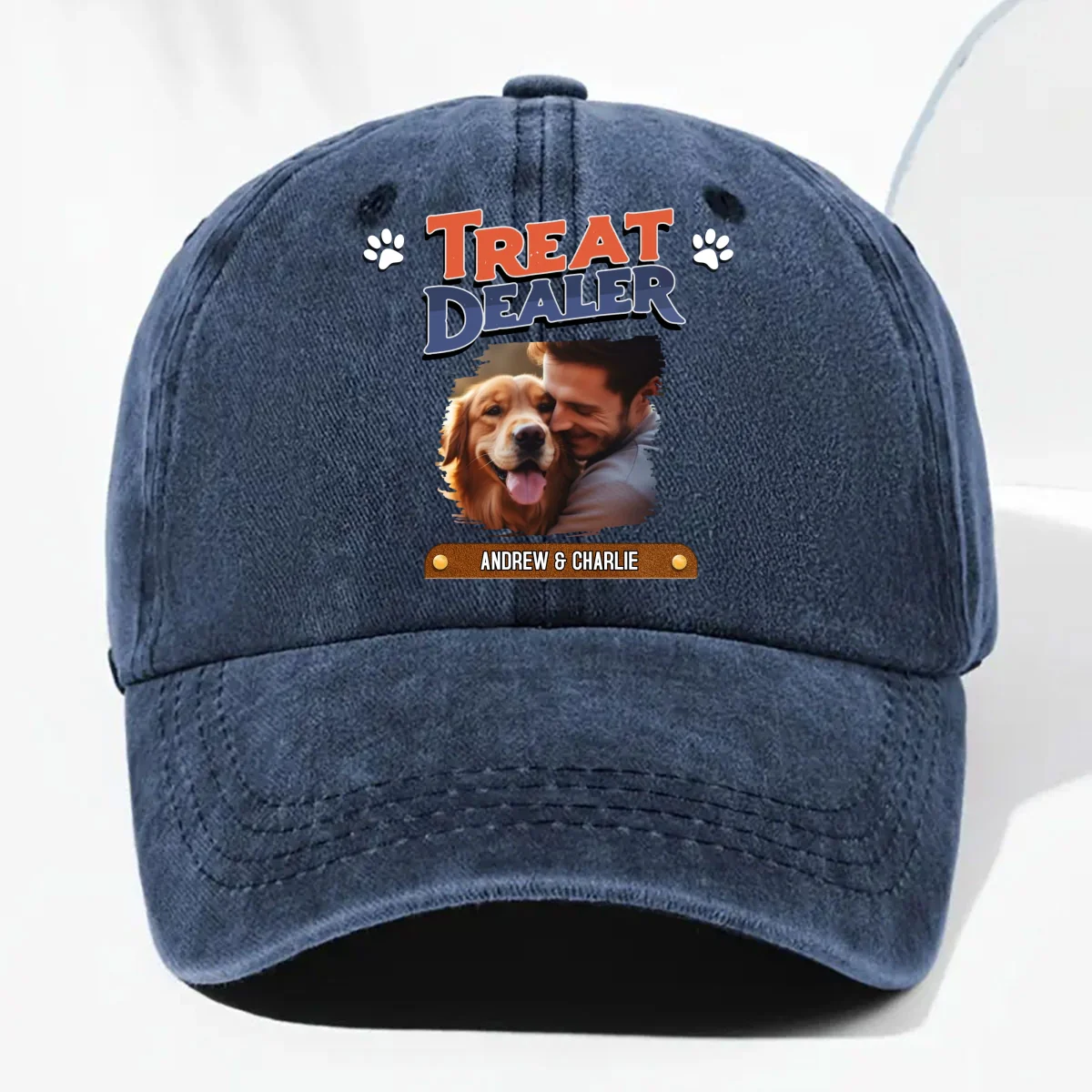 Treat Dealer And Lovely Dog Photo - Personalized Custom Vintage Washed Denim Cap - Image 5