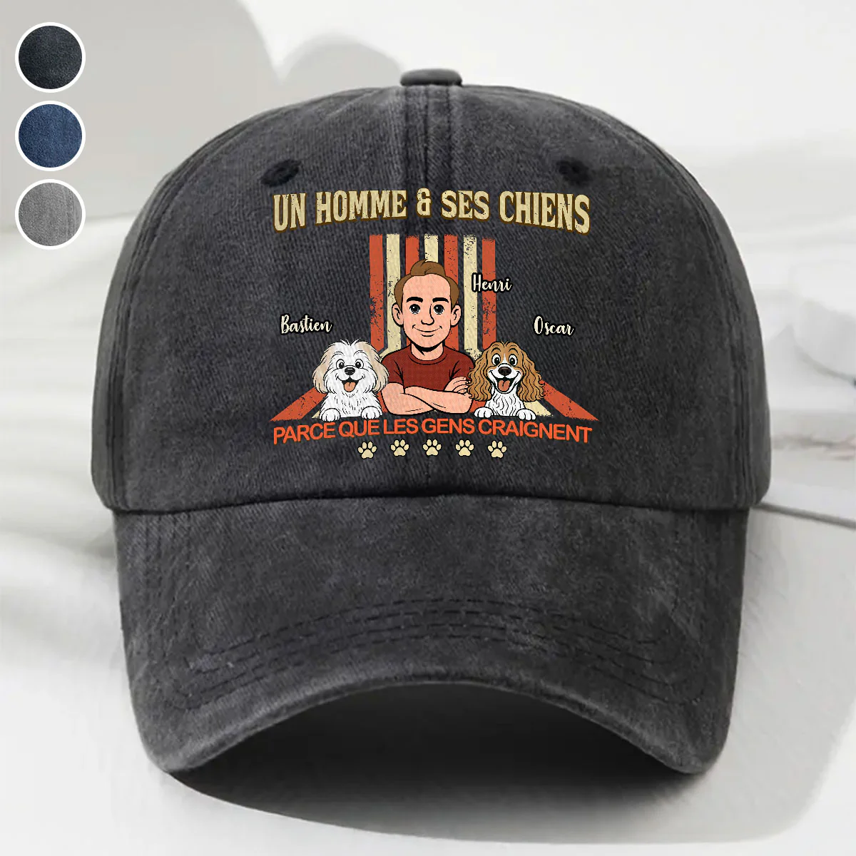 Un homme và son chien rétro - Casquette en denim délavé vintage personnalisée - Image 5