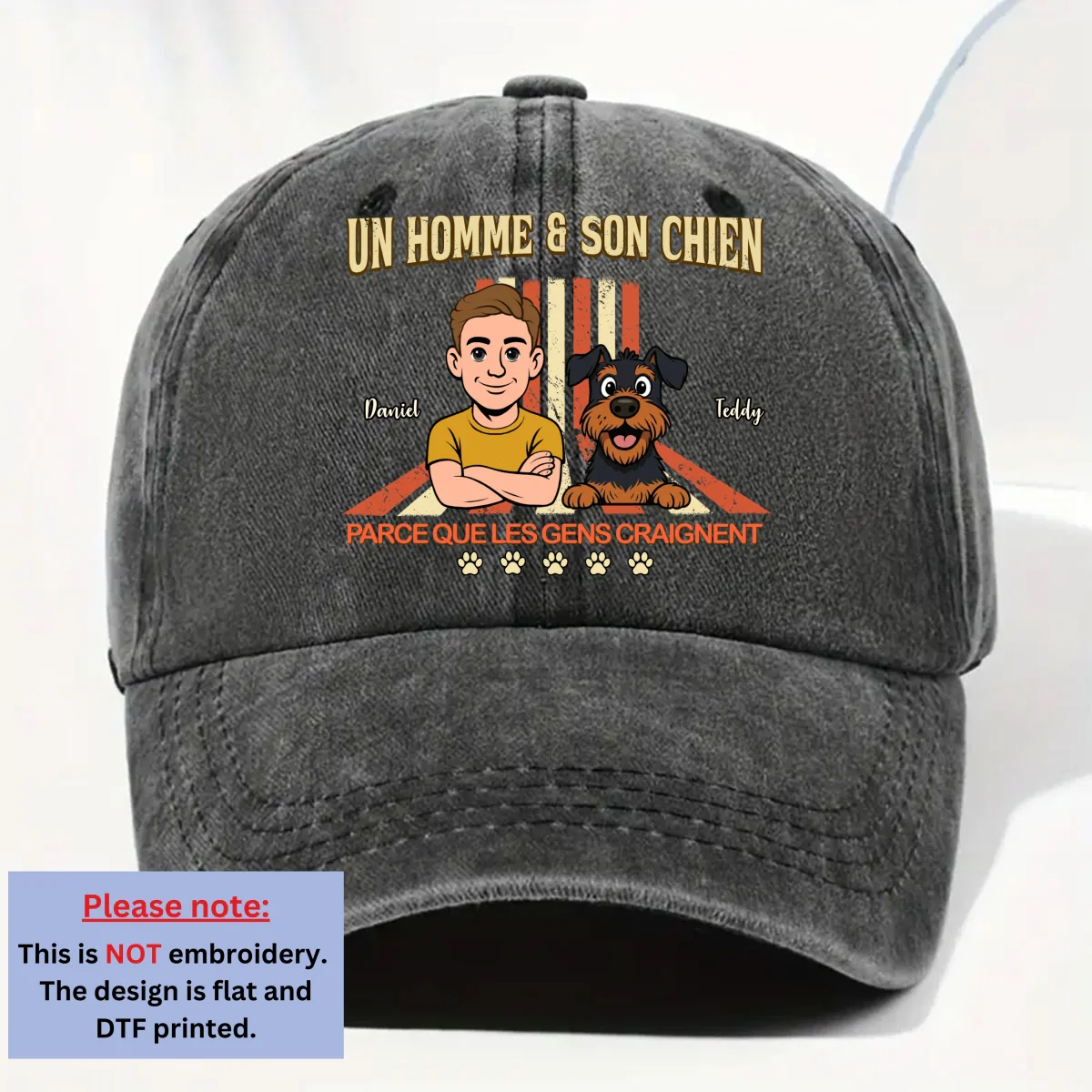 Un homme và son chien rétro - Casquette en denim délavé vintage personnalisée - Image 7