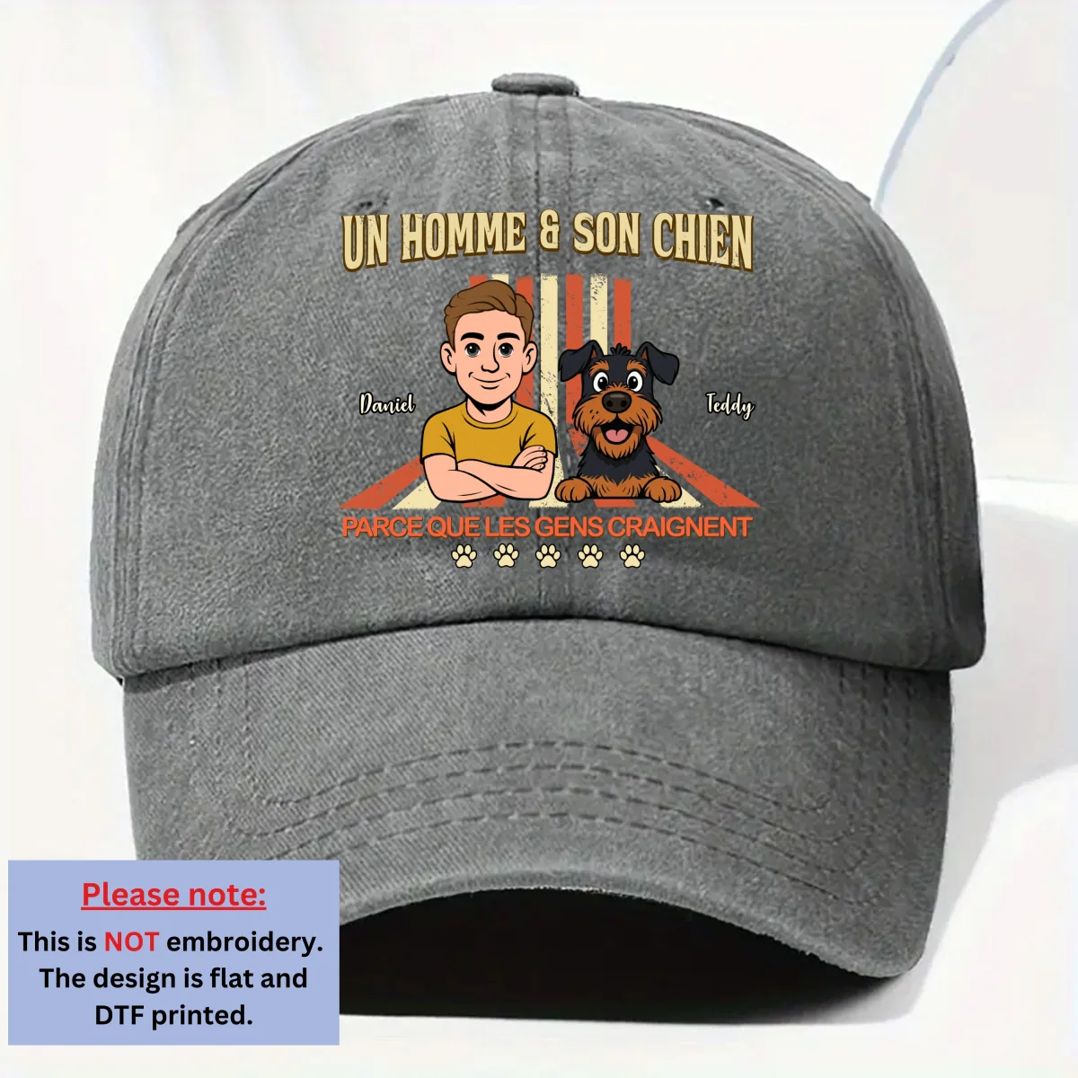 Un homme và son chien rétro - Casquette en denim délavé vintage personnalisée - Image 8