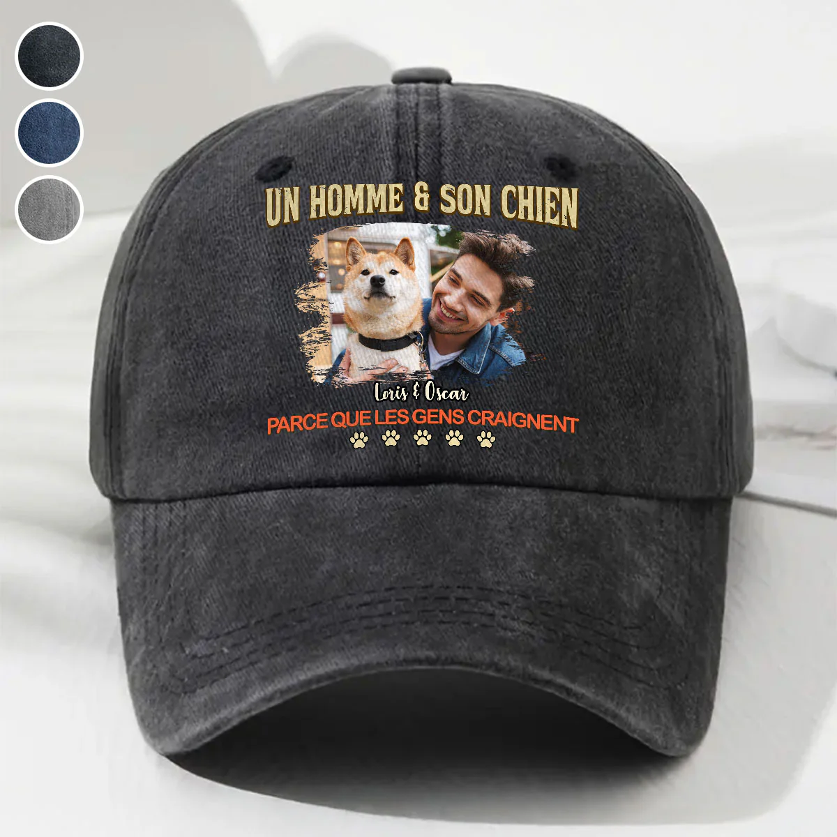 Un homme và son chien rétro - Photo Casquette en denim délavé vintage personnalisée