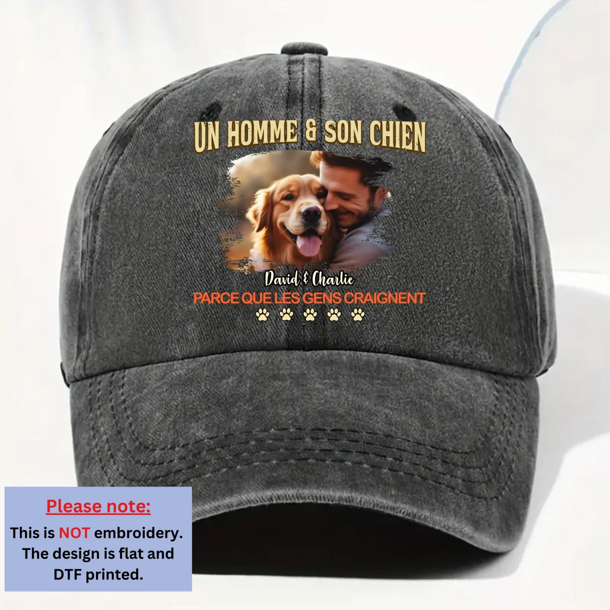Un homme và son chien rétro - Photo Casquette en denim délavé vintage personnalisée - Image 3