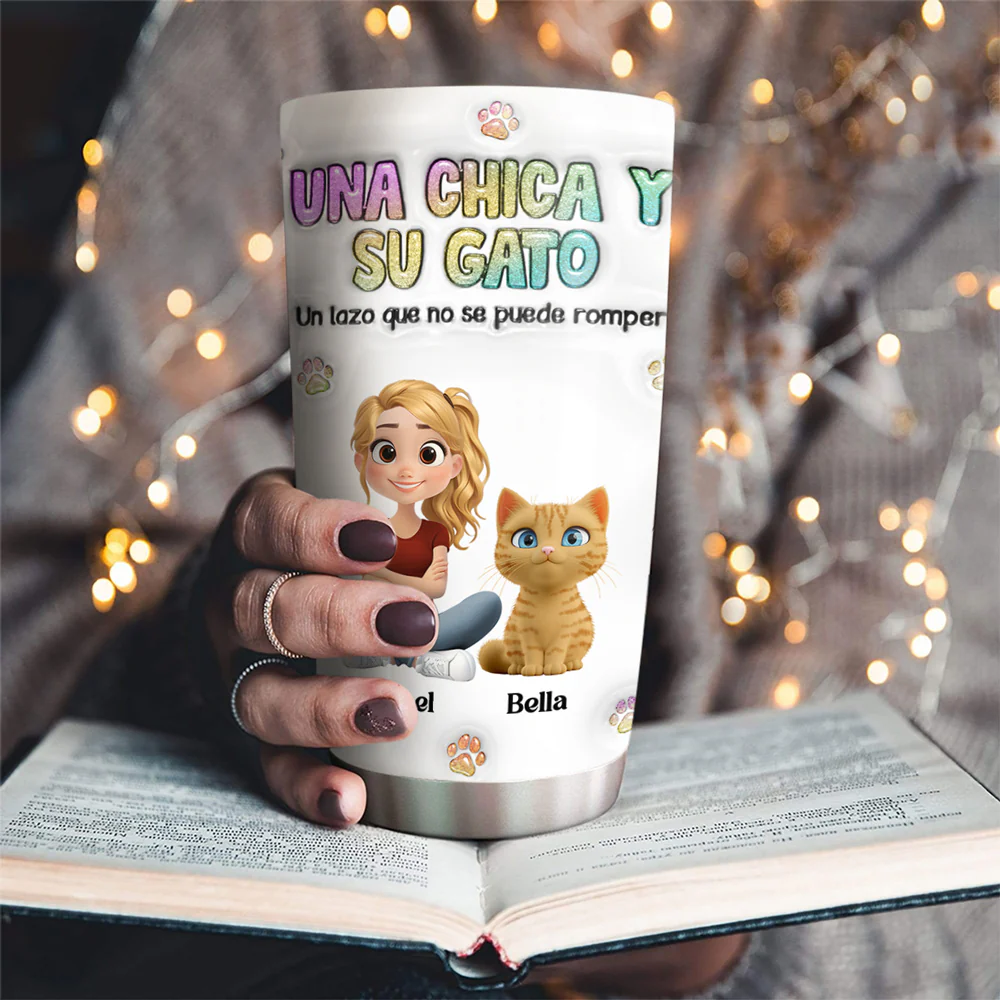 Una chica y su gato – Vaso térmico personalizado con efecto 3D inflado - Image 2