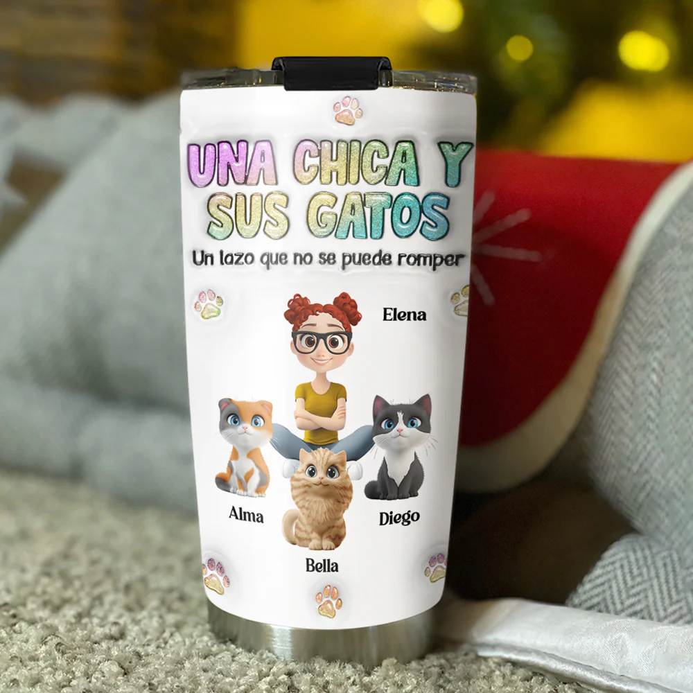 Una chica y su gato – Vaso térmico personalizado con efecto 3D inflado - Image 3