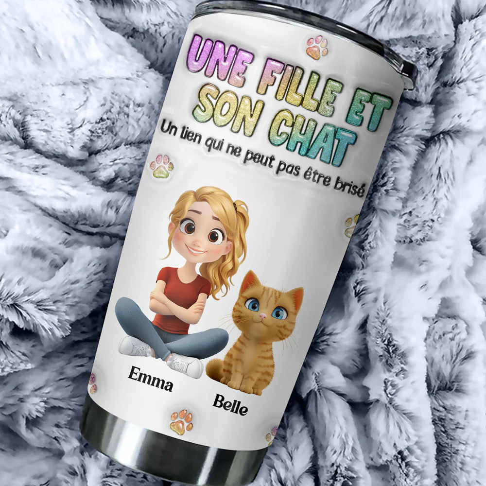 Una chica y su gato – Vaso térmico personalizado con efecto 3D inflado - Image 5