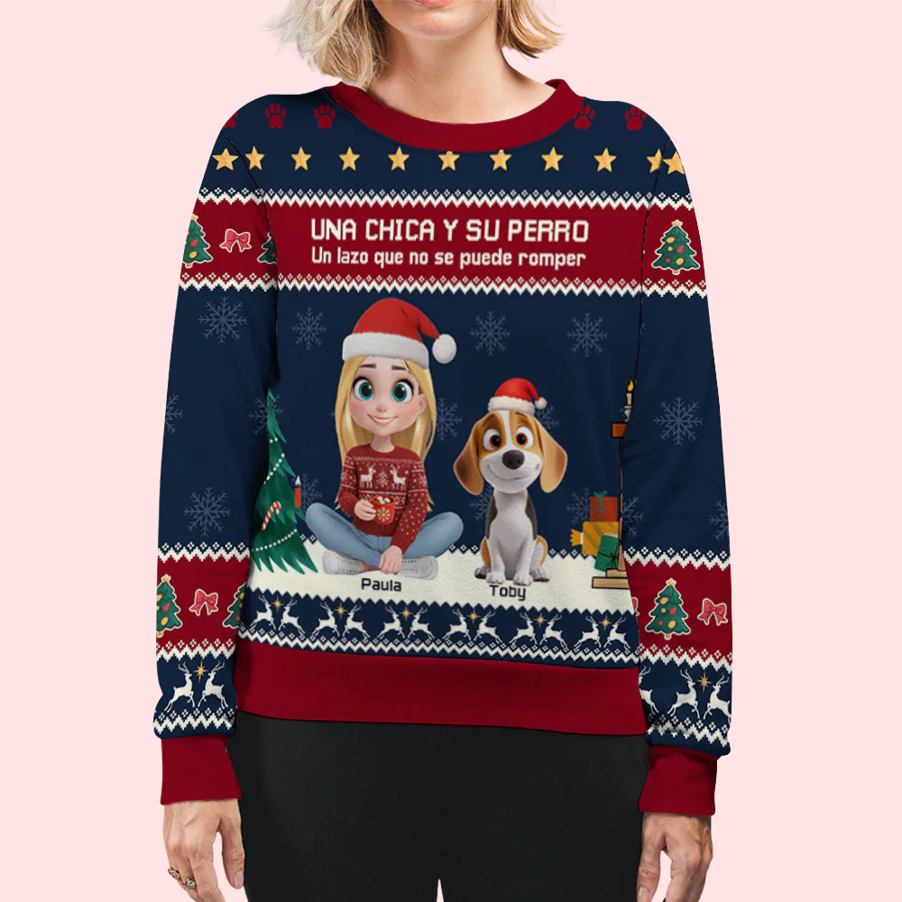 Una Chica y su Perro Navidad – Sudadera Personalizada con Estampado Integral - Image 5