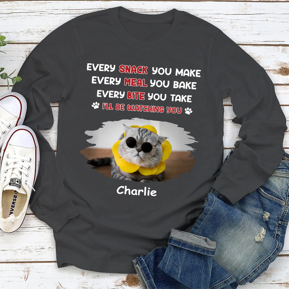 Watching You Forever Cat Version Photo - Personalized Custom Long Sleeve T-Shirt - Image 2