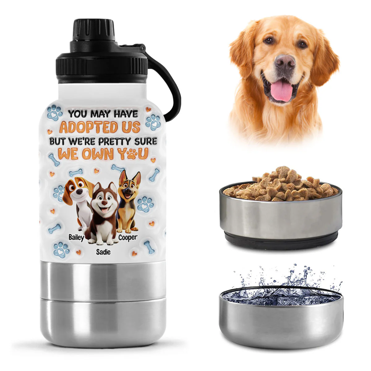 We Own You - Personalized Custom 3D Inflated Effect 30oz Water Bottle With Pet Bowl
