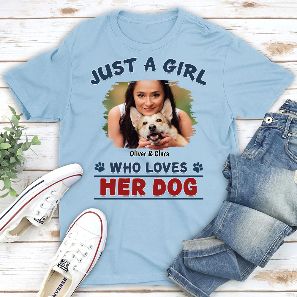 Winter Girl And Dog Christmas Photo- Personalized Custom Unisex T-Shirt - Image 3