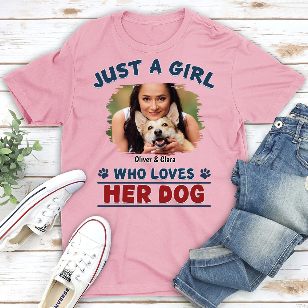 Winter Girl And Dog Christmas Photo- Personalized Custom Unisex T-Shirt - Image 4