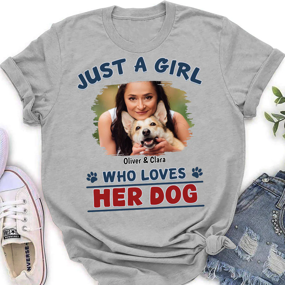 Winter Girl And Dog Christmas Photo - Personalized Custom Women's T-Shirt - Image 2