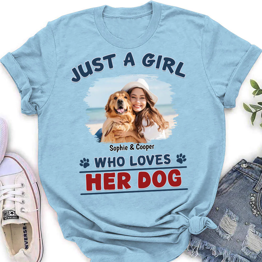 Winter Girl And Dog Christmas Photo - Personalized Custom Women's T-Shirt - Image 3
