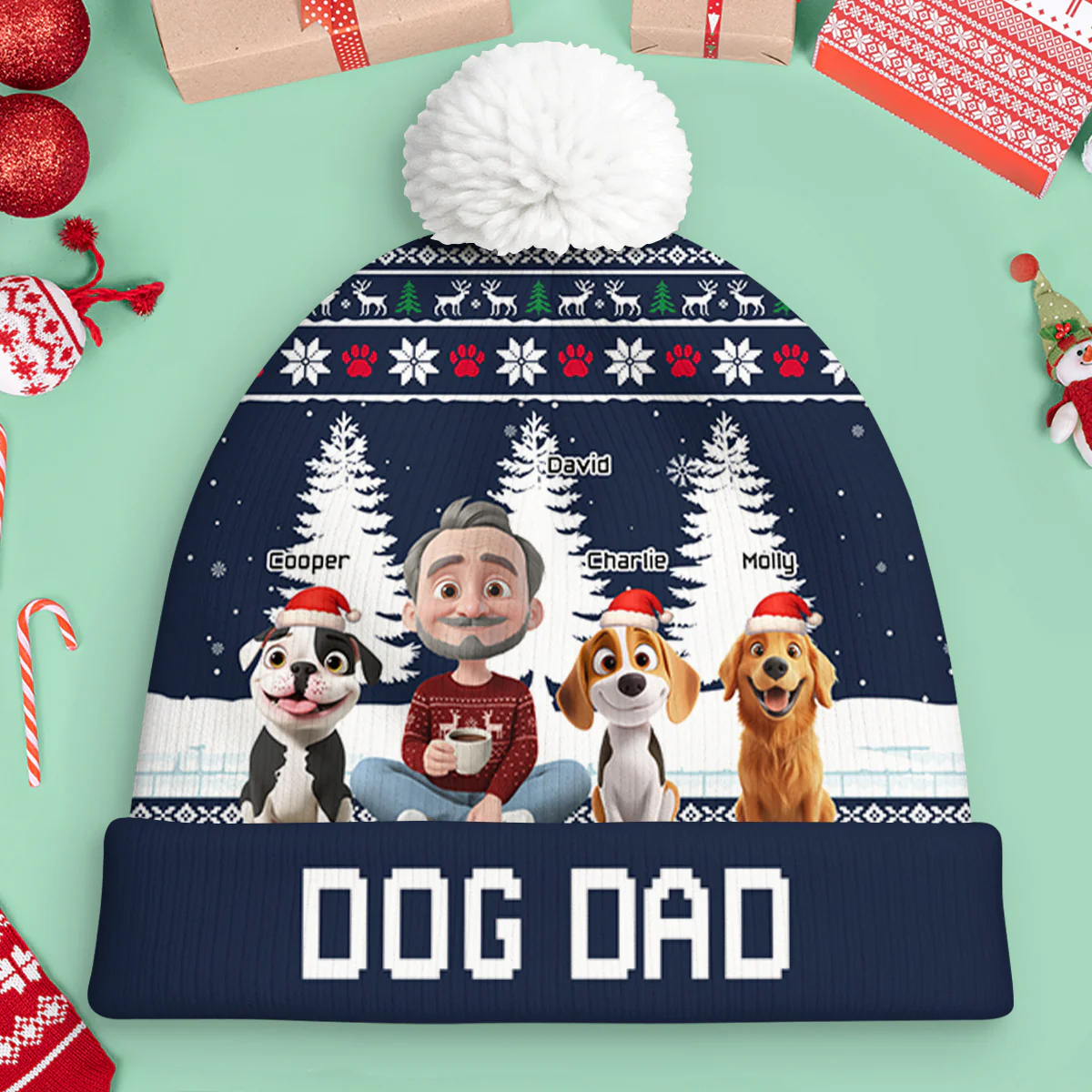 With My Mom Dad Cartoon - Personalized Custom Bobble Beanie Hat - Image 3