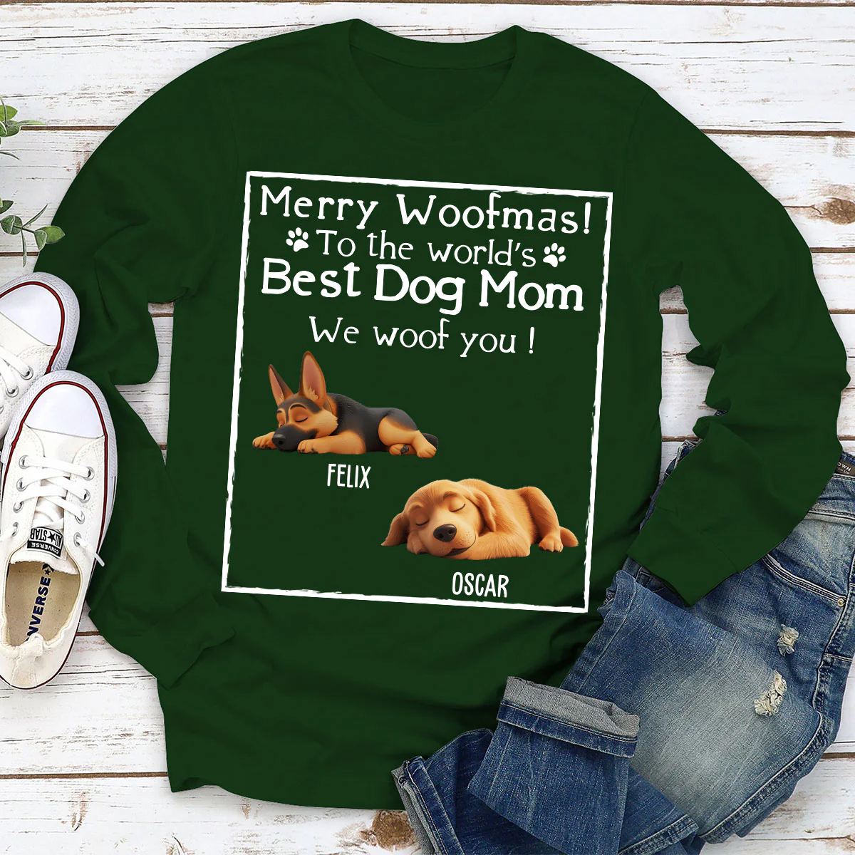 Woof Best Dog Mom Mum Cartoon - Personalized Custom Long Sleeve T-Shirt - Image 3