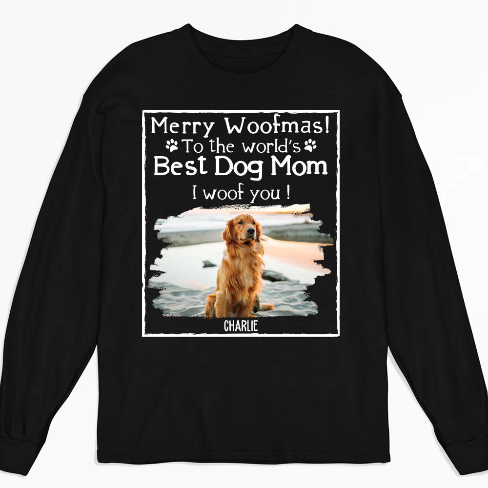 Woof Best Dog Mom Mum Cartoon Photo - Personalized Custom Long Sleeve T-Shirt