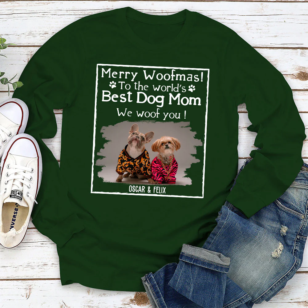 Woof Best Dog Mom Mum Cartoon Photo - Personalized Custom Long Sleeve T-Shirt - Image 3